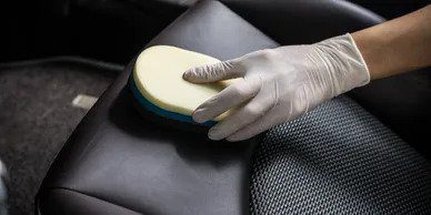 A person wearing gloves and holding a sponge.